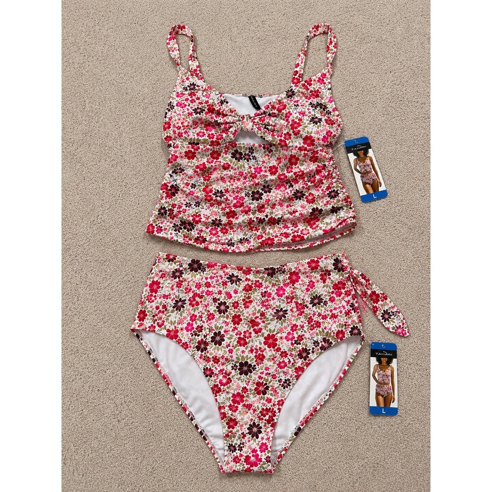 Tahari Womens Floral Tankini Swimsuit Set High Waist Two Piece Multi Large NWT